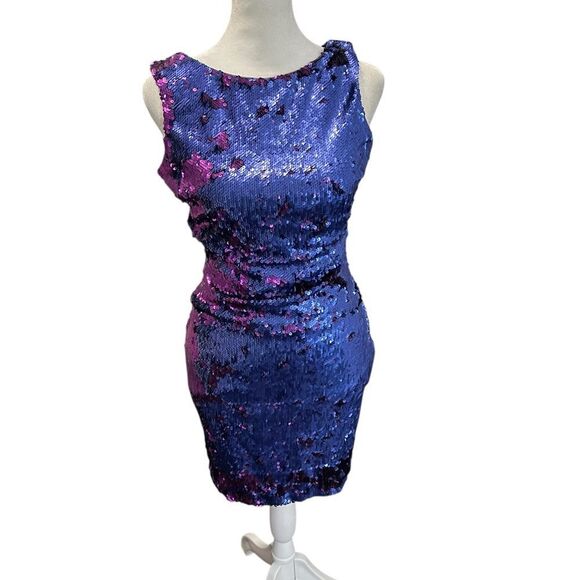 Dress the Population Kim Sequin Two-Tone Mini Dress Blue Purple Sparkle Small - Picture 2 of 8